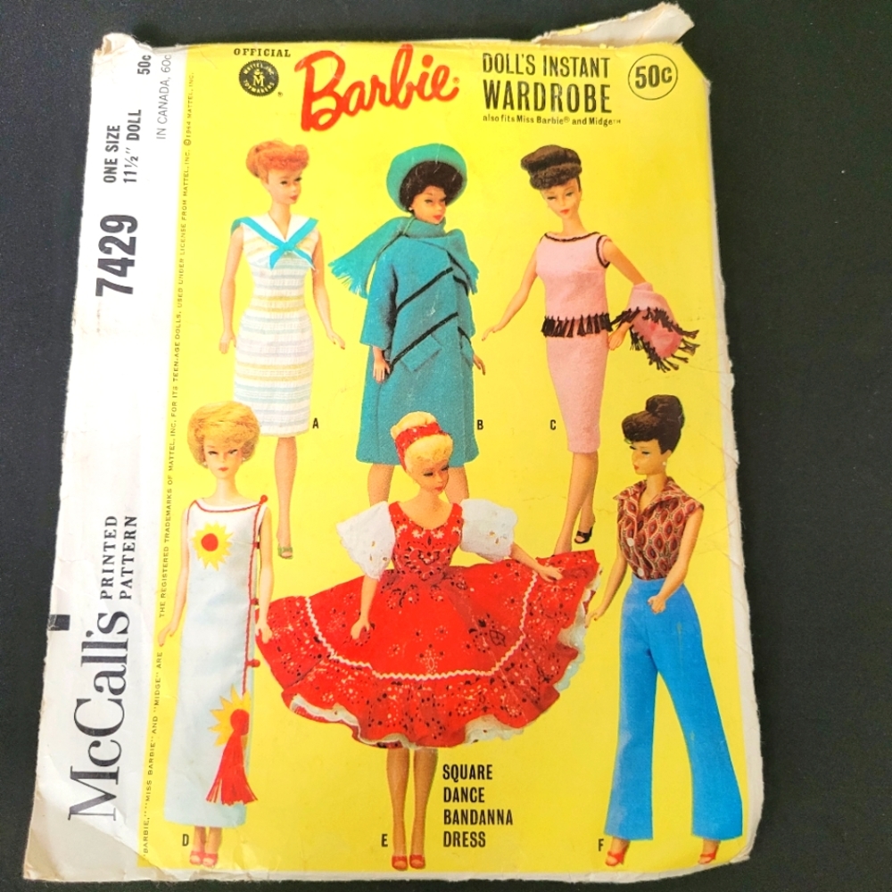 Barbie Doll's  6 outfits Pattern Sewing DIY Vintage McCall’s No 7429